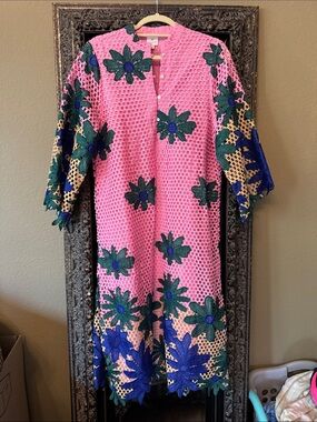 JMarie Floral Crochet Pink Kaftan Dress with Blue & Green Appliqué